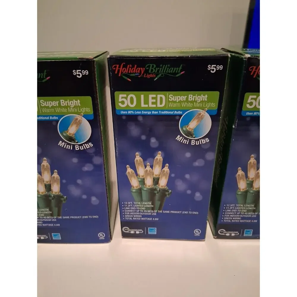 Lot of 3 Holiday Brilliant 50 LED Warm White Mini Christmas Lights Green Wire